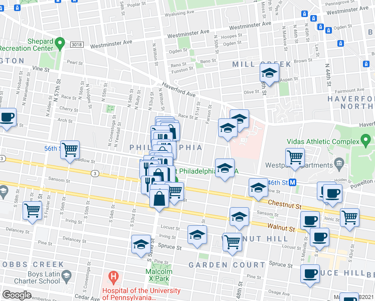 map of restaurants, bars, coffee shops, grocery stores, and more near 5119 Market Street in Philadelphia