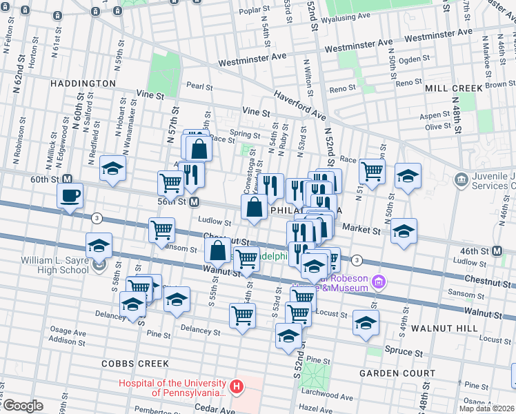 map of restaurants, bars, coffee shops, grocery stores, and more near 20 South Yewdall Street in Philadelphia