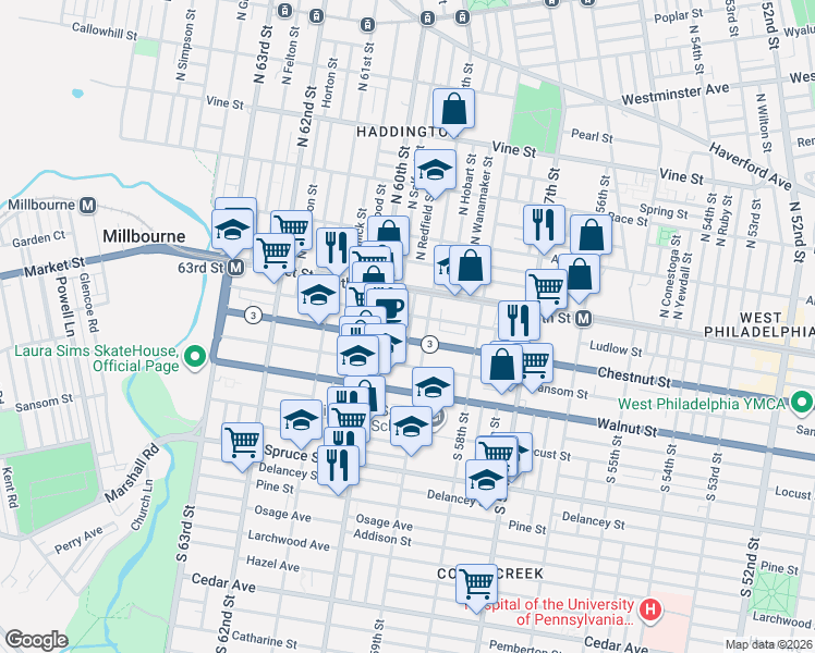 map of restaurants, bars, coffee shops, grocery stores, and more near 114 South Redfield Street in Philadelphia