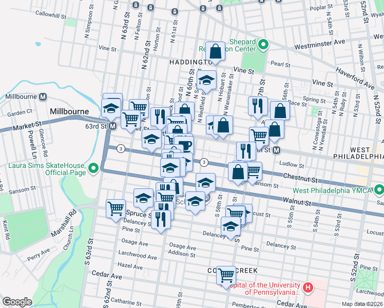 map of restaurants, bars, coffee shops, grocery stores, and more near 114 South Redfield Street in Philadelphia