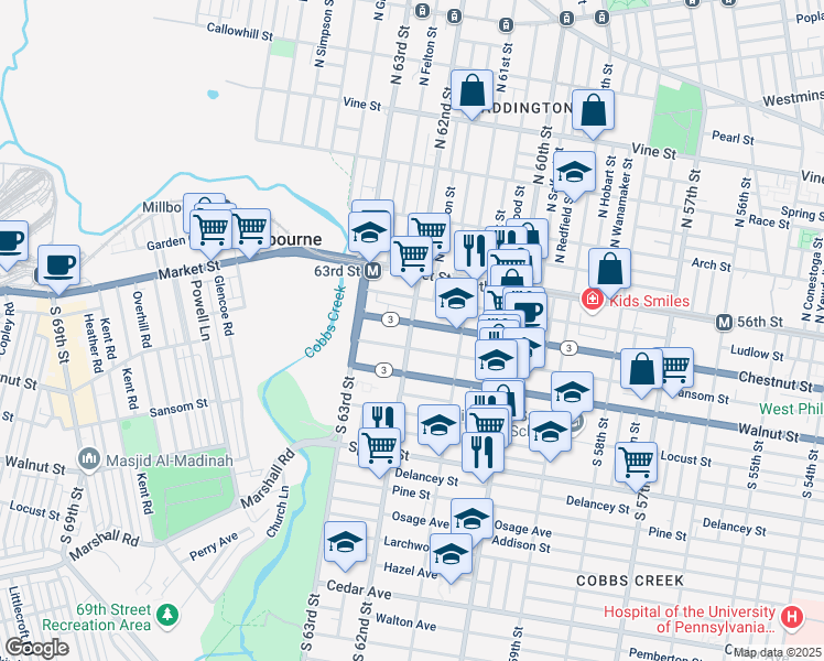map of restaurants, bars, coffee shops, grocery stores, and more near 6140 Sansom Street in Philadelphia