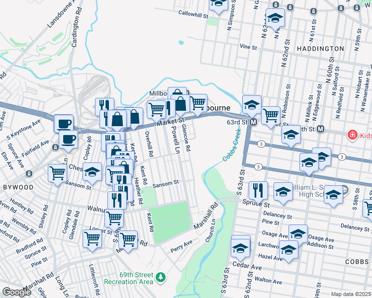 map of restaurants, bars, coffee shops, grocery stores, and more near 114 Glencoe Road in Upper Darby