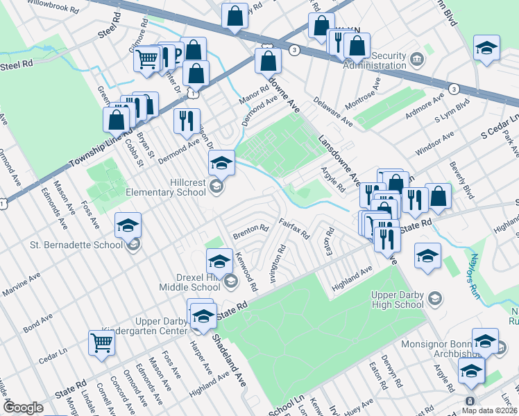 map of restaurants, bars, coffee shops, grocery stores, and more near 923 Brenton Road in Drexel Hill