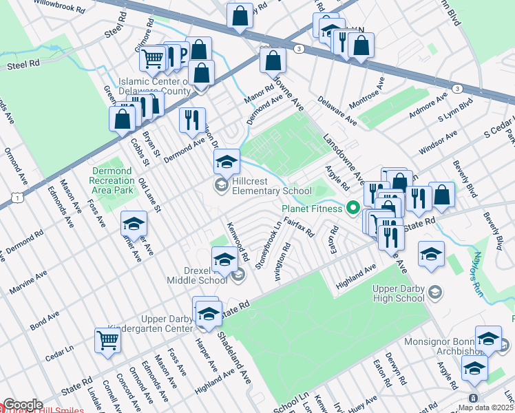 map of restaurants, bars, coffee shops, grocery stores, and more near 923 Brenton Road in Drexel Hill