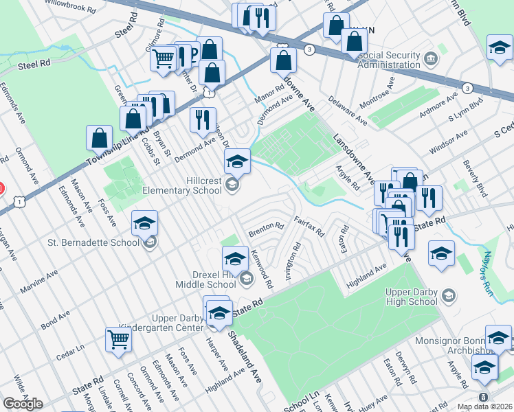 map of restaurants, bars, coffee shops, grocery stores, and more near 968 Fairfax Road in Drexel Hill