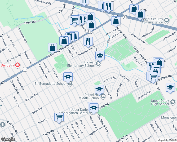 map of restaurants, bars, coffee shops, grocery stores, and more near 1010 Bryan Street in Drexel Hill