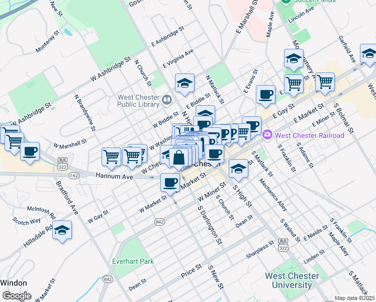 map of restaurants, bars, coffee shops, grocery stores, and more near 134 North Church Street in West Chester