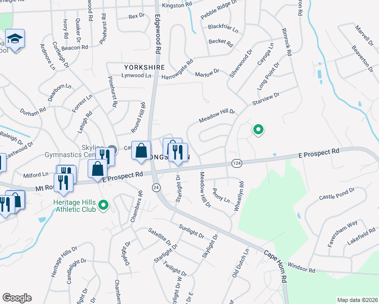 map of restaurants, bars, coffee shops, grocery stores, and more near 879 Clare Lane in York