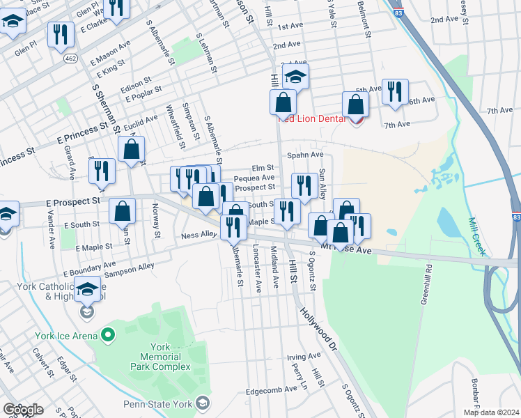 map of restaurants, bars, coffee shops, grocery stores, and more near 565 Lancaster Avenue in York