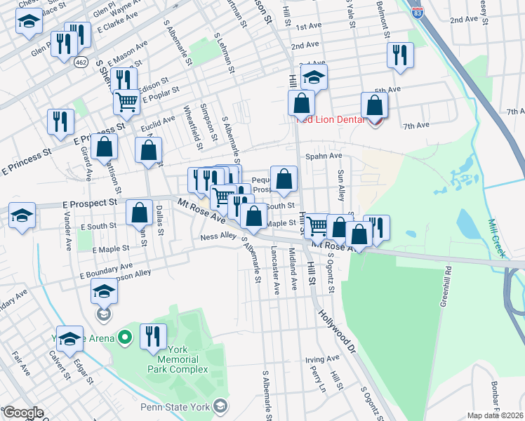 map of restaurants, bars, coffee shops, grocery stores, and more near 1103 Mount Rose Avenue in York