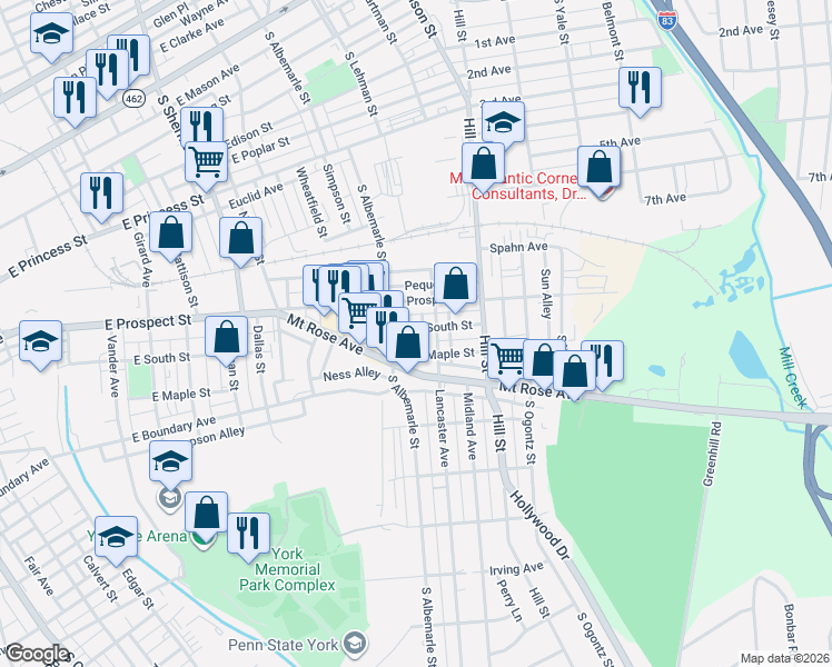 map of restaurants, bars, coffee shops, grocery stores, and more near 1103 Mount Rose Avenue in York