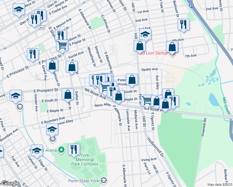 map of restaurants, bars, coffee shops, grocery stores, and more near 1103 Mount Rose Avenue in York