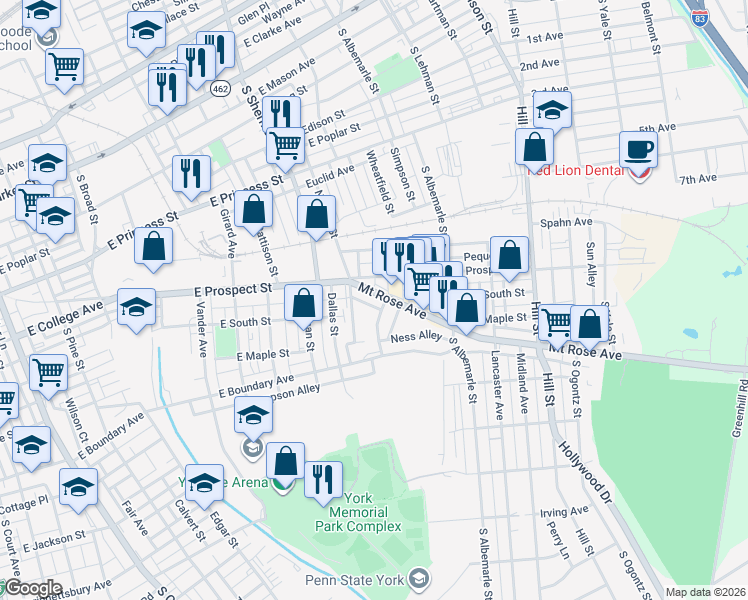 map of restaurants, bars, coffee shops, grocery stores, and more near 621 Norway Street in York