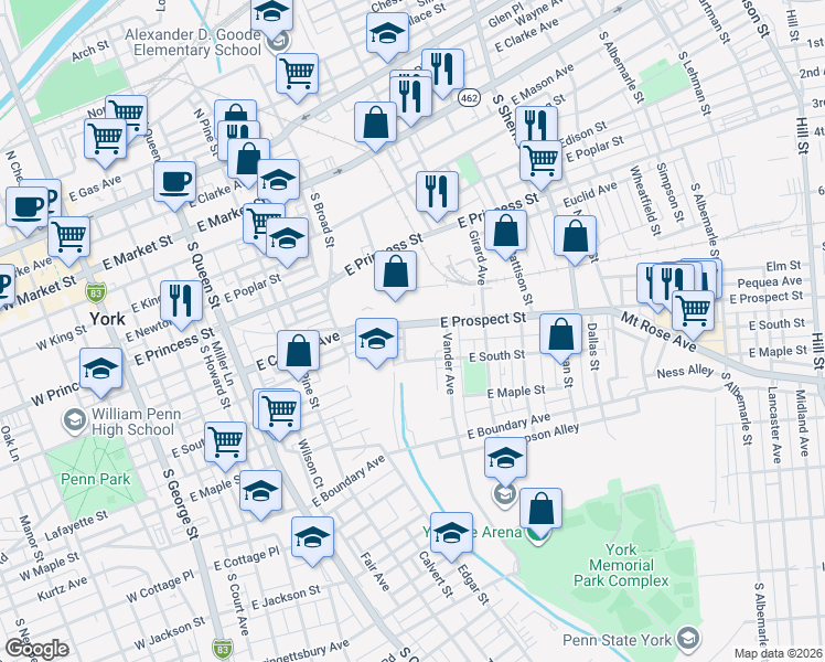 map of restaurants, bars, coffee shops, grocery stores, and more near 540 East Prospect Street in York
