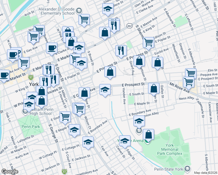 map of restaurants, bars, coffee shops, grocery stores, and more near 540 Lamour Street in York