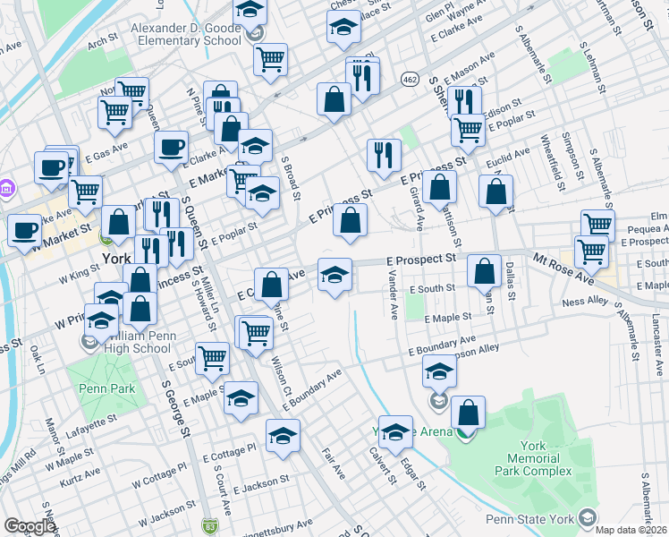 map of restaurants, bars, coffee shops, grocery stores, and more near 540 Lamour Street in York