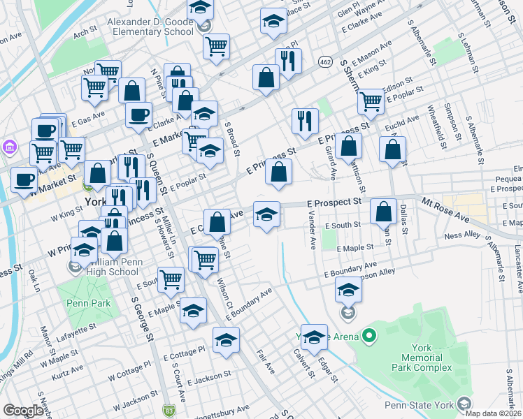 map of restaurants, bars, coffee shops, grocery stores, and more near 355 Liberty Court in York