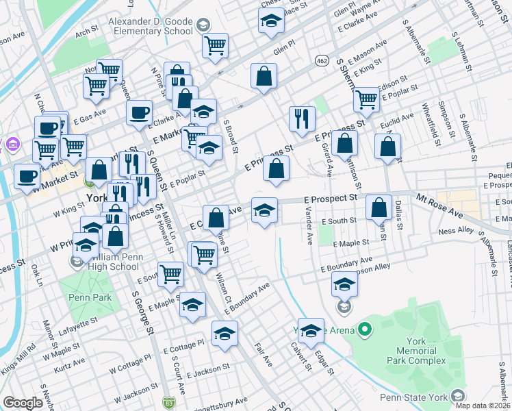 map of restaurants, bars, coffee shops, grocery stores, and more near 355 Liberty Court in York