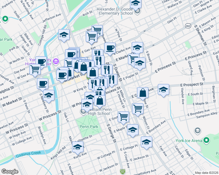 map of restaurants, bars, coffee shops, grocery stores, and more near 40 East Princess Street in York