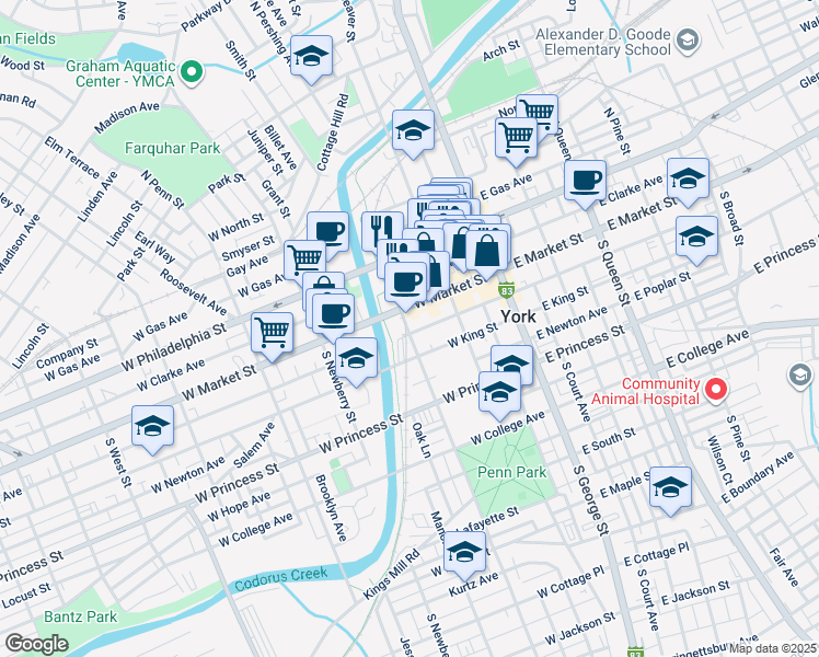 map of restaurants, bars, coffee shops, grocery stores, and more near 54 South Pershing Avenue in York