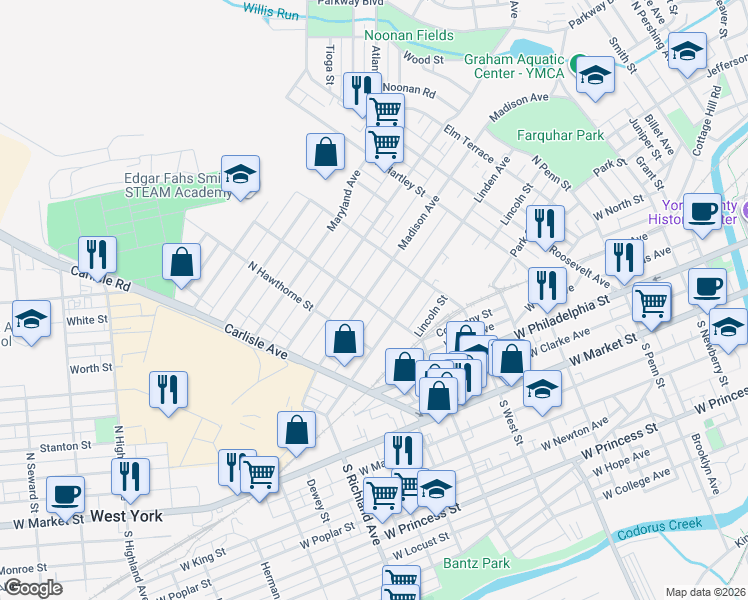 map of restaurants, bars, coffee shops, grocery stores, and more near 726 Madison Avenue in York