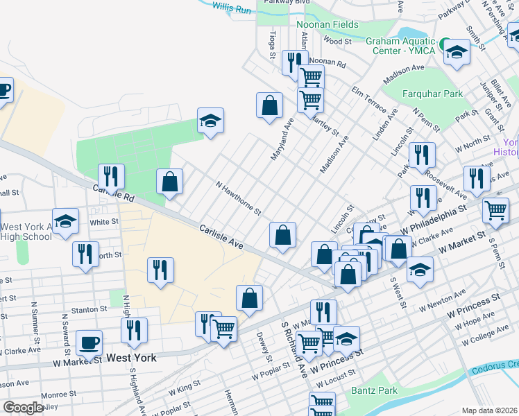 map of restaurants, bars, coffee shops, grocery stores, and more near 422 North Hawthorne Street in York