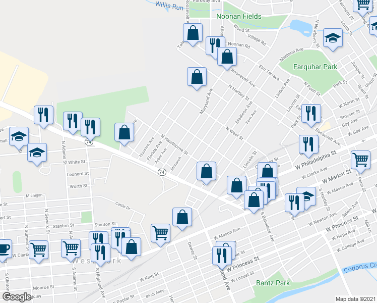 map of restaurants, bars, coffee shops, grocery stores, and more near 823 Pennsylvania Avenue in York