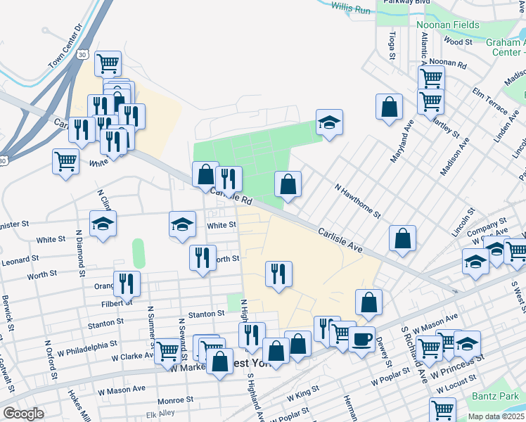 map of restaurants, bars, coffee shops, grocery stores, and more near 1392 White Street in York