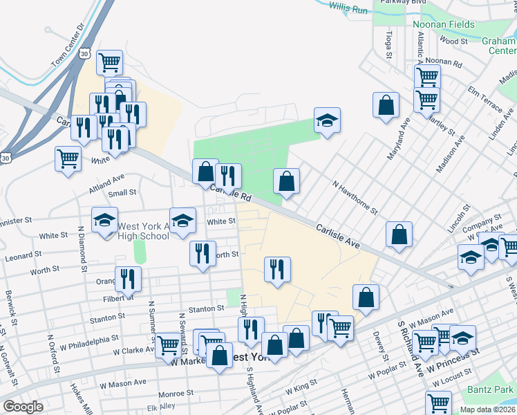 map of restaurants, bars, coffee shops, grocery stores, and more near 1392 White Street in York