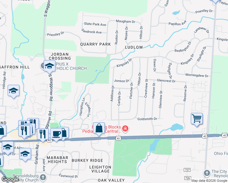 map of restaurants, bars, coffee shops, grocery stores, and more near 1259 Addison Drive in Reynoldsburg