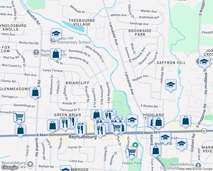 map of restaurants, bars, coffee shops, grocery stores, and more near 1124 Nocturne Road East in Reynoldsburg