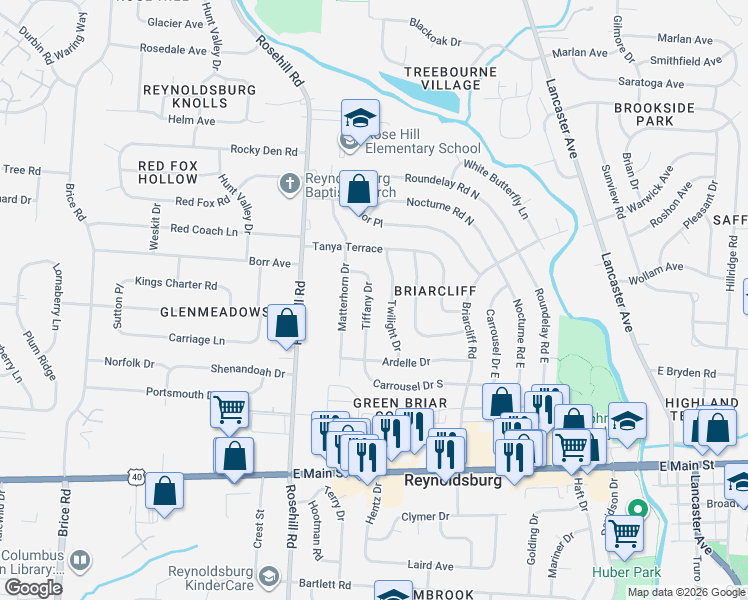 map of restaurants, bars, coffee shops, grocery stores, and more near 1101 Twilight Drive in Reynoldsburg