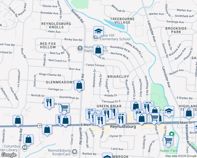 map of restaurants, bars, coffee shops, grocery stores, and more near 1100 Matterhorn Drive in Reynoldsburg
