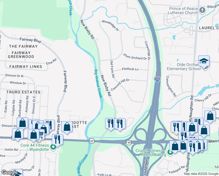 map of restaurants, bars, coffee shops, grocery stores, and more near 5565 Concord Hill Drive in Columbus