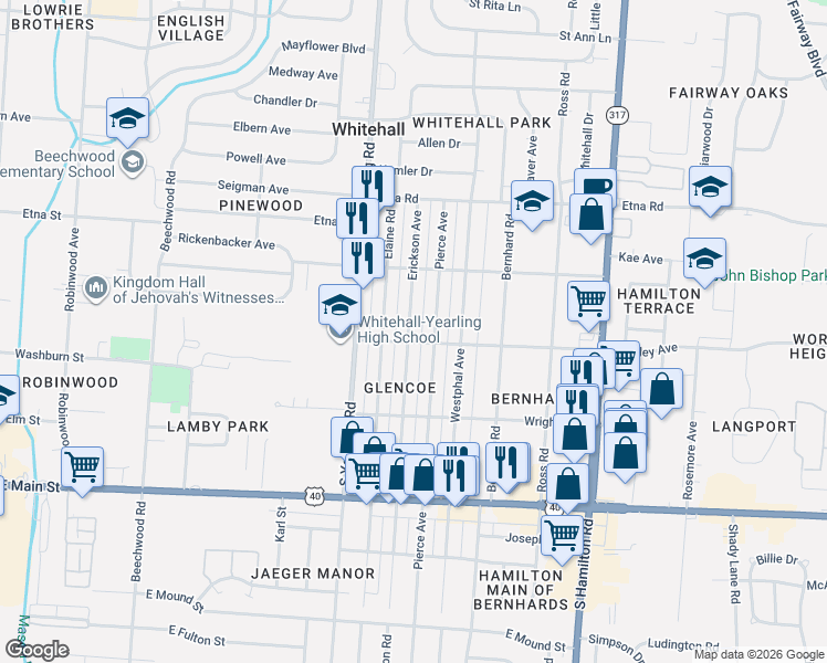 map of restaurants, bars, coffee shops, grocery stores, and more near 703 Erickson Avenue in Columbus