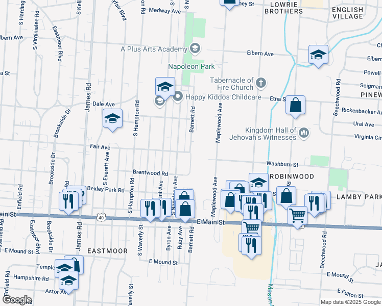 map of restaurants, bars, coffee shops, grocery stores, and more near 606 Canterbury Way in Columbus