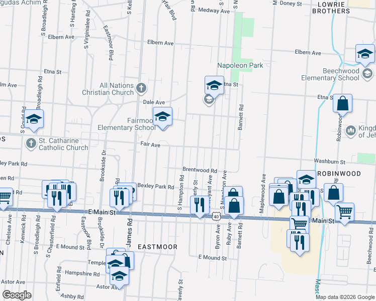 map of restaurants, bars, coffee shops, grocery stores, and more near 585 South Waverly Street in Columbus