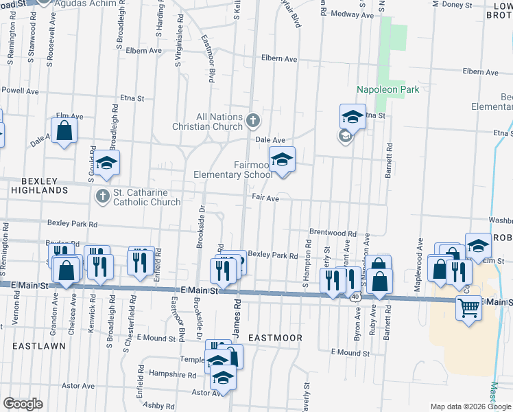 map of restaurants, bars, coffee shops, grocery stores, and more near 561 South Ashburton Road in Columbus