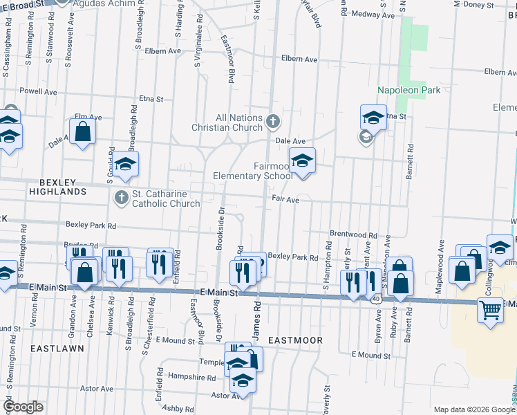 map of restaurants, bars, coffee shops, grocery stores, and more near 554 South Kellner Road in Columbus