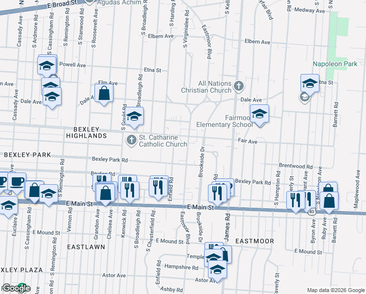 map of restaurants, bars, coffee shops, grocery stores, and more near 538 Eastmoor Boulevard in Columbus