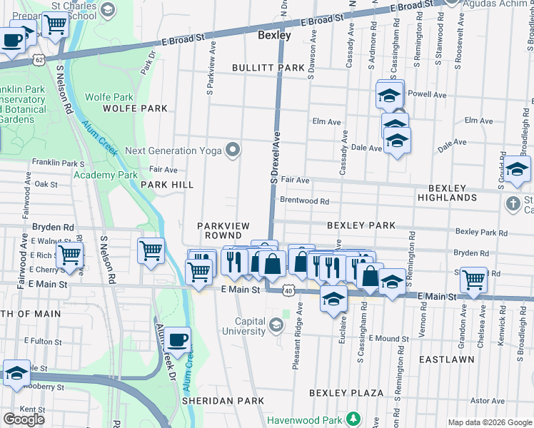 map of restaurants, bars, coffee shops, grocery stores, and more near 442 U.S. 40 in Bexley