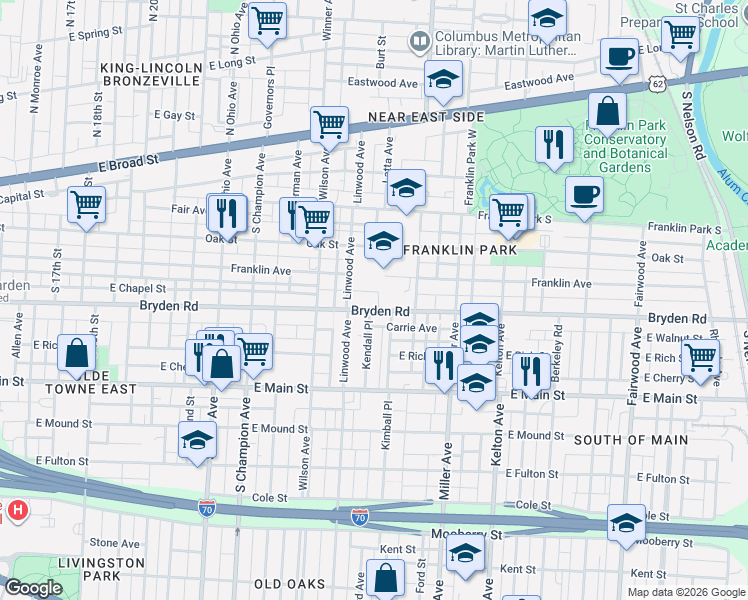map of restaurants, bars, coffee shops, grocery stores, and more near 1355 Bryden Road in Columbus