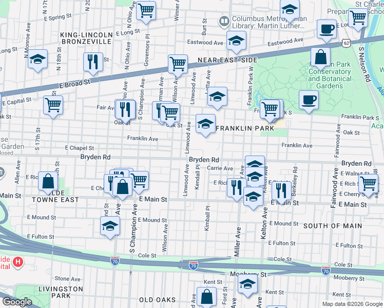 map of restaurants, bars, coffee shops, grocery stores, and more near 300 Linwood Avenue in Columbus