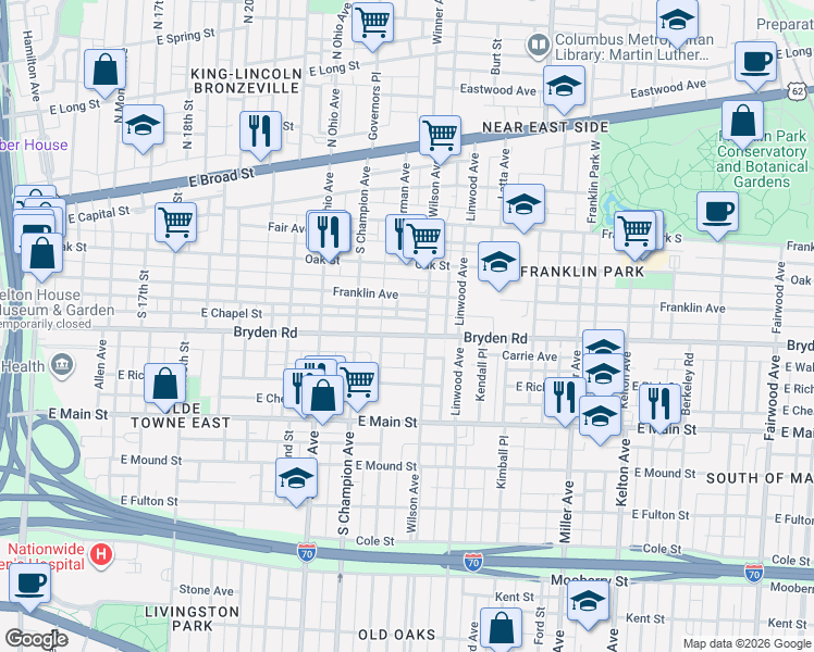map of restaurants, bars, coffee shops, grocery stores, and more near 285 Wilson Avenue in Columbus