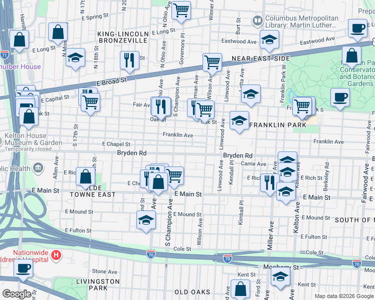 map of restaurants, bars, coffee shops, grocery stores, and more near 1191 Bryden Road in Columbus