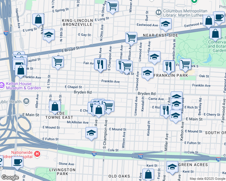 map of restaurants, bars, coffee shops, grocery stores, and more near 1191 Bryden Road in Columbus