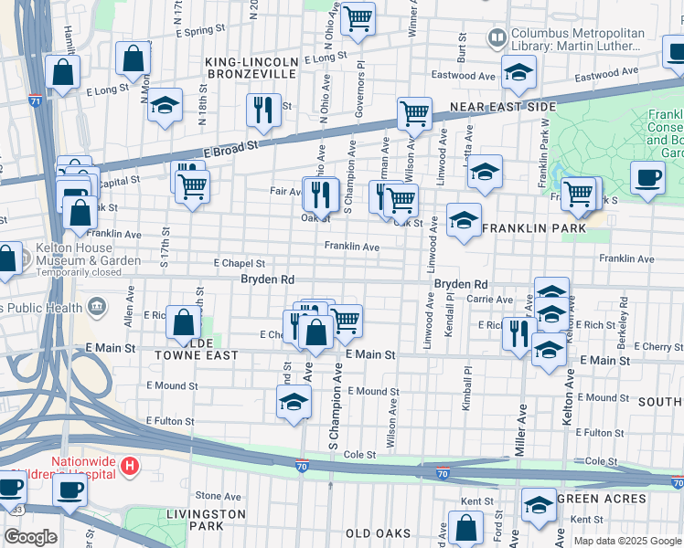 map of restaurants, bars, coffee shops, grocery stores, and more near 277 South Champion Avenue in Columbus