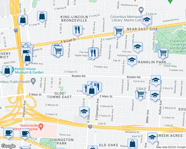map of restaurants, bars, coffee shops, grocery stores, and more near 273 1/2 South Ohio Avenue in Columbus