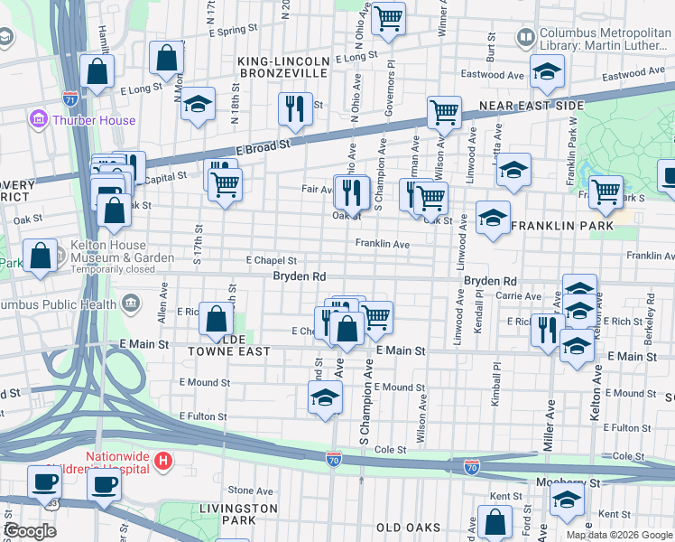 map of restaurants, bars, coffee shops, grocery stores, and more near 273 1/2 South Ohio Avenue in Columbus