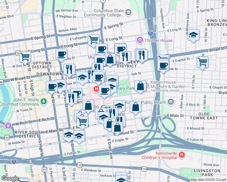 map of restaurants, bars, coffee shops, grocery stores, and more near 411 East Town Street in Columbus